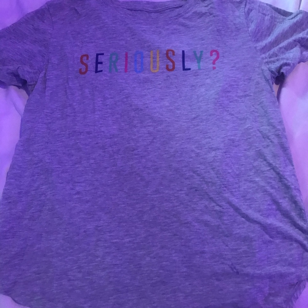 grey tee with rainbow print on it